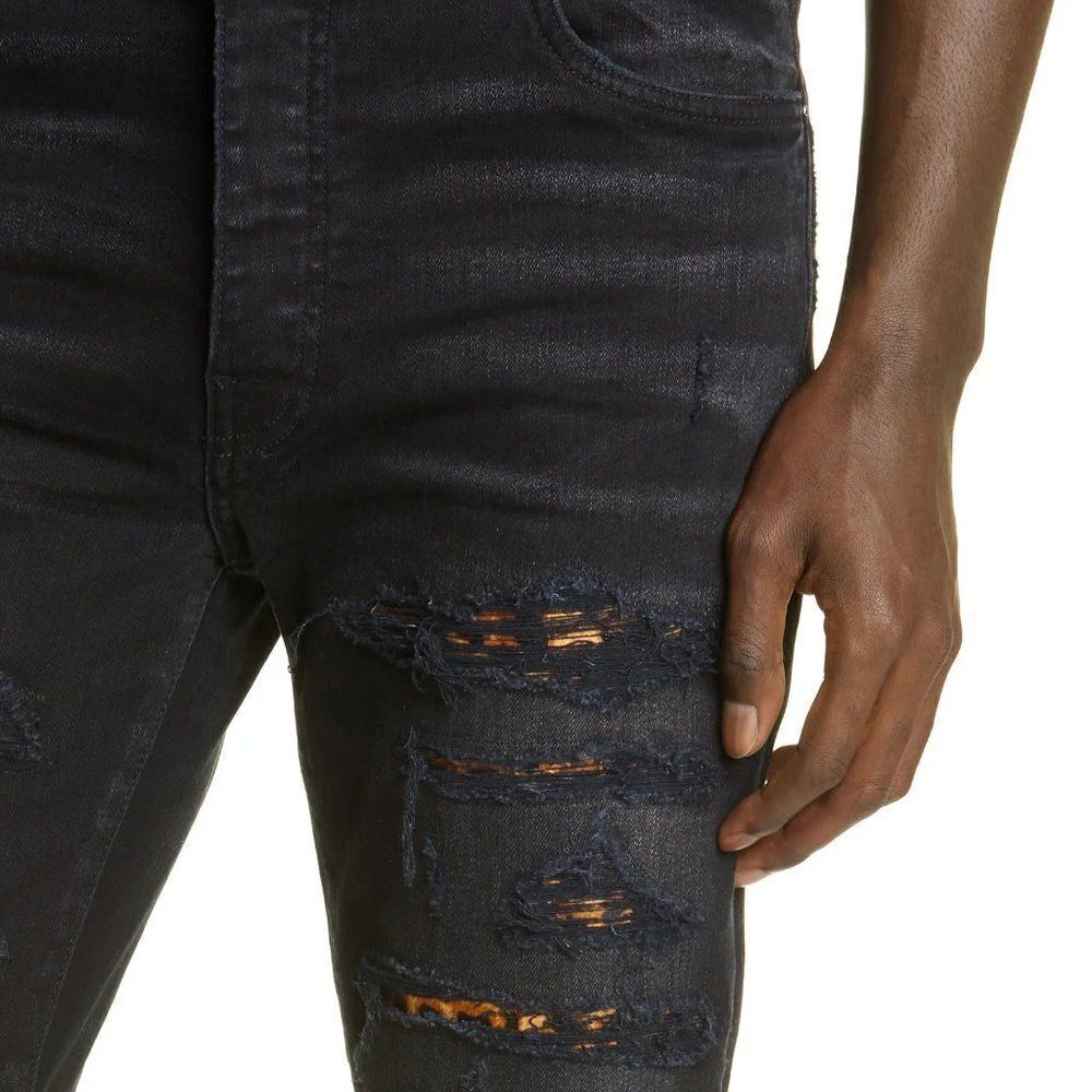 AMIRI Leopard Thrasher Ripped Skinny Jeans, sz 30 Aged Black - Picture 4 of 7